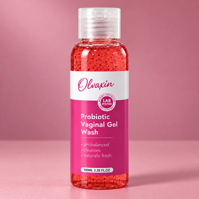 Probiotic Vaginal Gel Wash bottle on a pink background